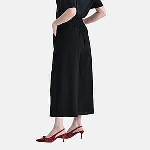 TAMSY Solid Black Printed Wide Leg Capri Pant with Pockets - L/XL