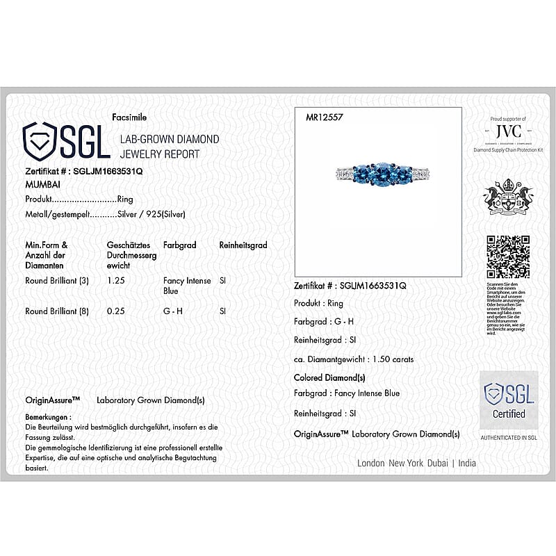 Luxuriant Lab Grown Blue Diamond and Lab Grown Diamond 1.50 ctw Ring in Rhodium Over Sterling Silver (Size 9.0)