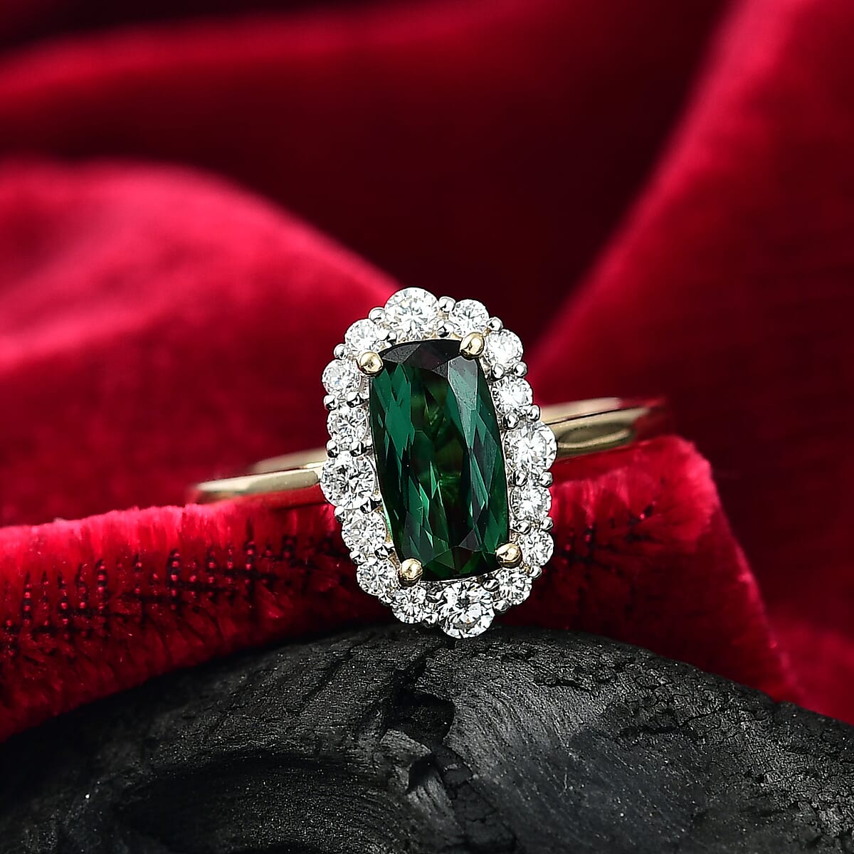 Certified & Appraised AAA Santa Rosa Tourmaline and Luxuriant Lab Grown Diamond G-H SI 2.03 ctw Ring in 10K Yellow Gold (Size 8.0) image number 1