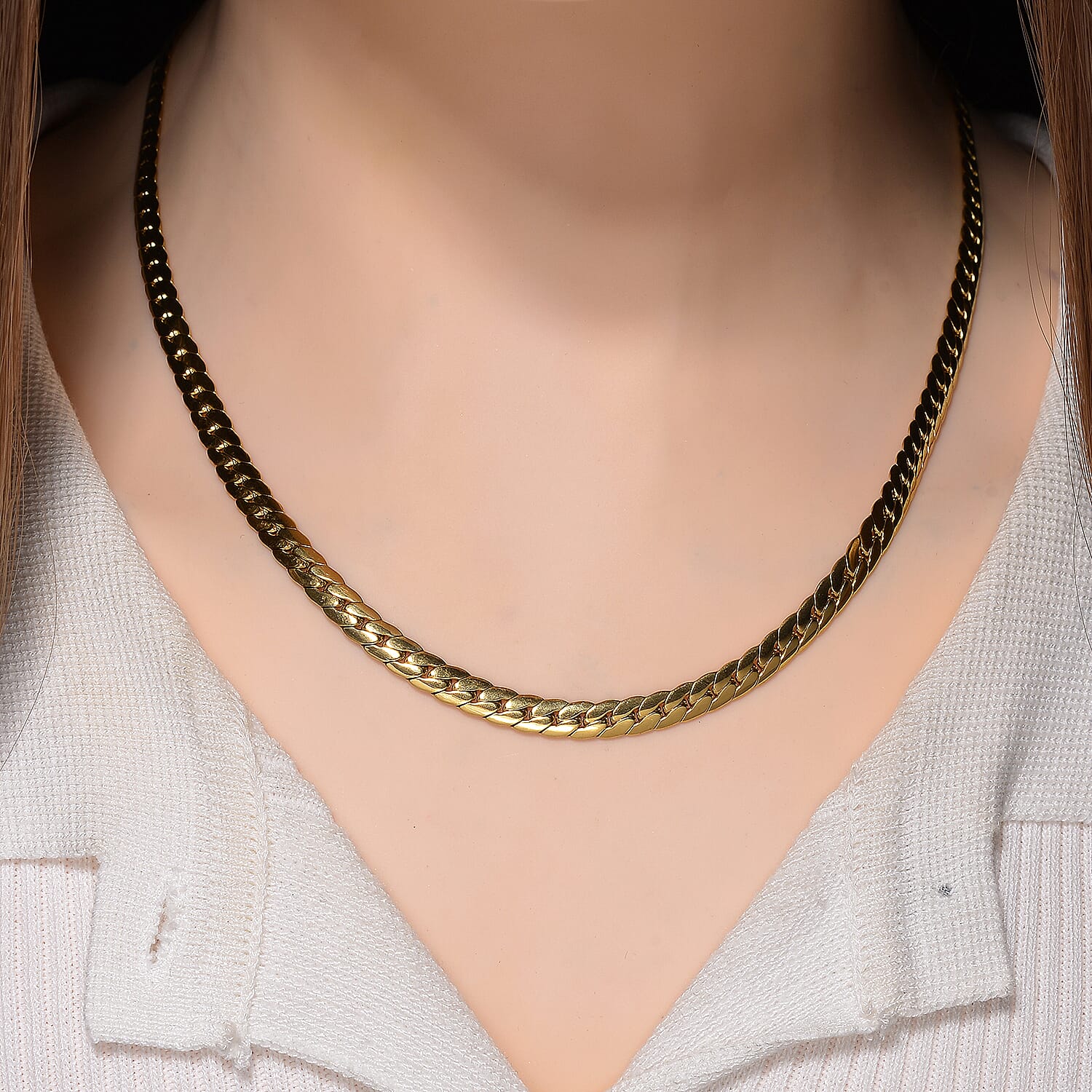 Flat Cuban Link Chain Necklace in ION Plated YG Stainless Steel 18-20 Inches