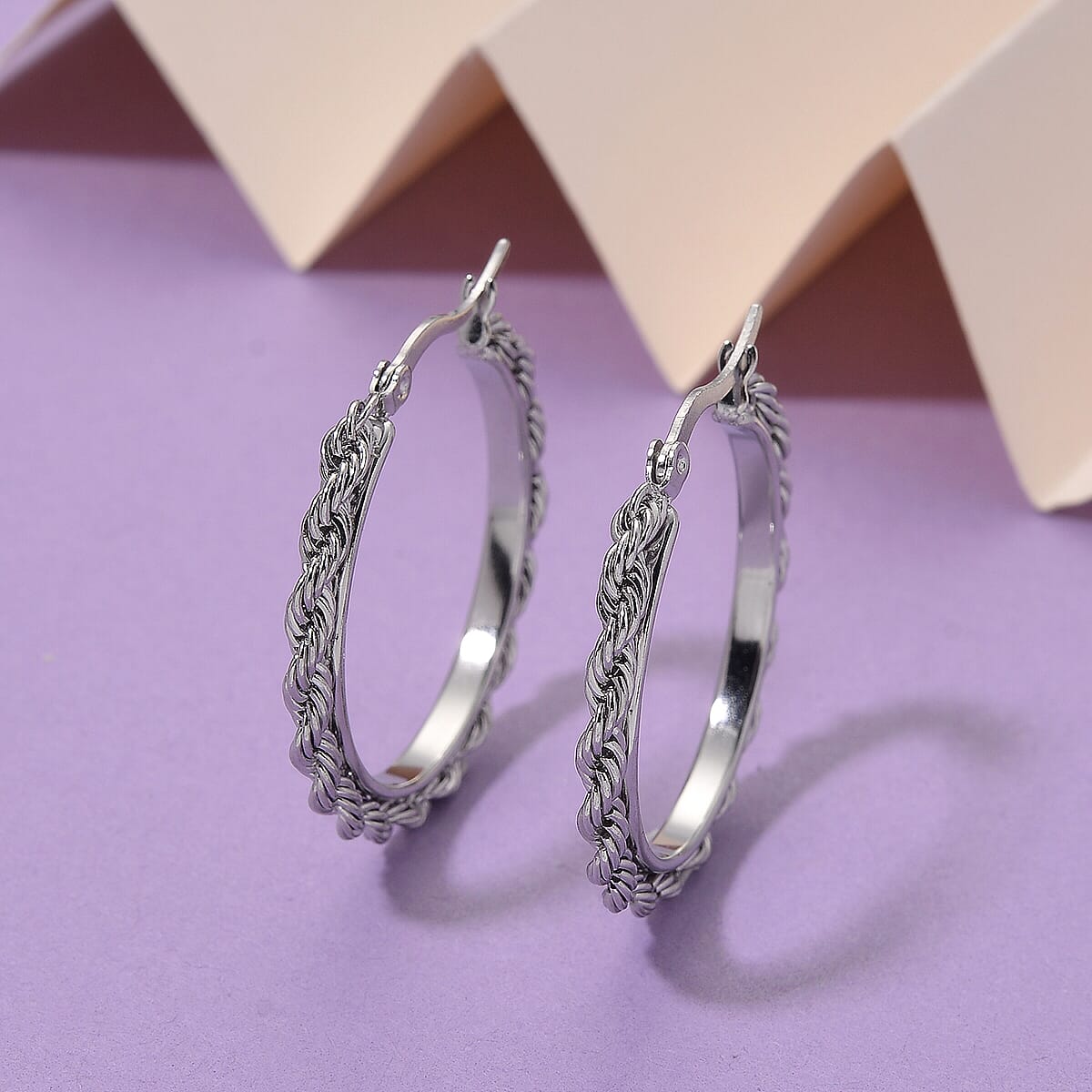 Rope Hoop Earrings in Stainless Steel image number 1