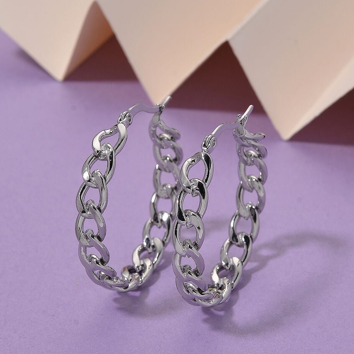 Cuban Classic Luxe Chain Hoop Earrings in Stainless Steel image number 1