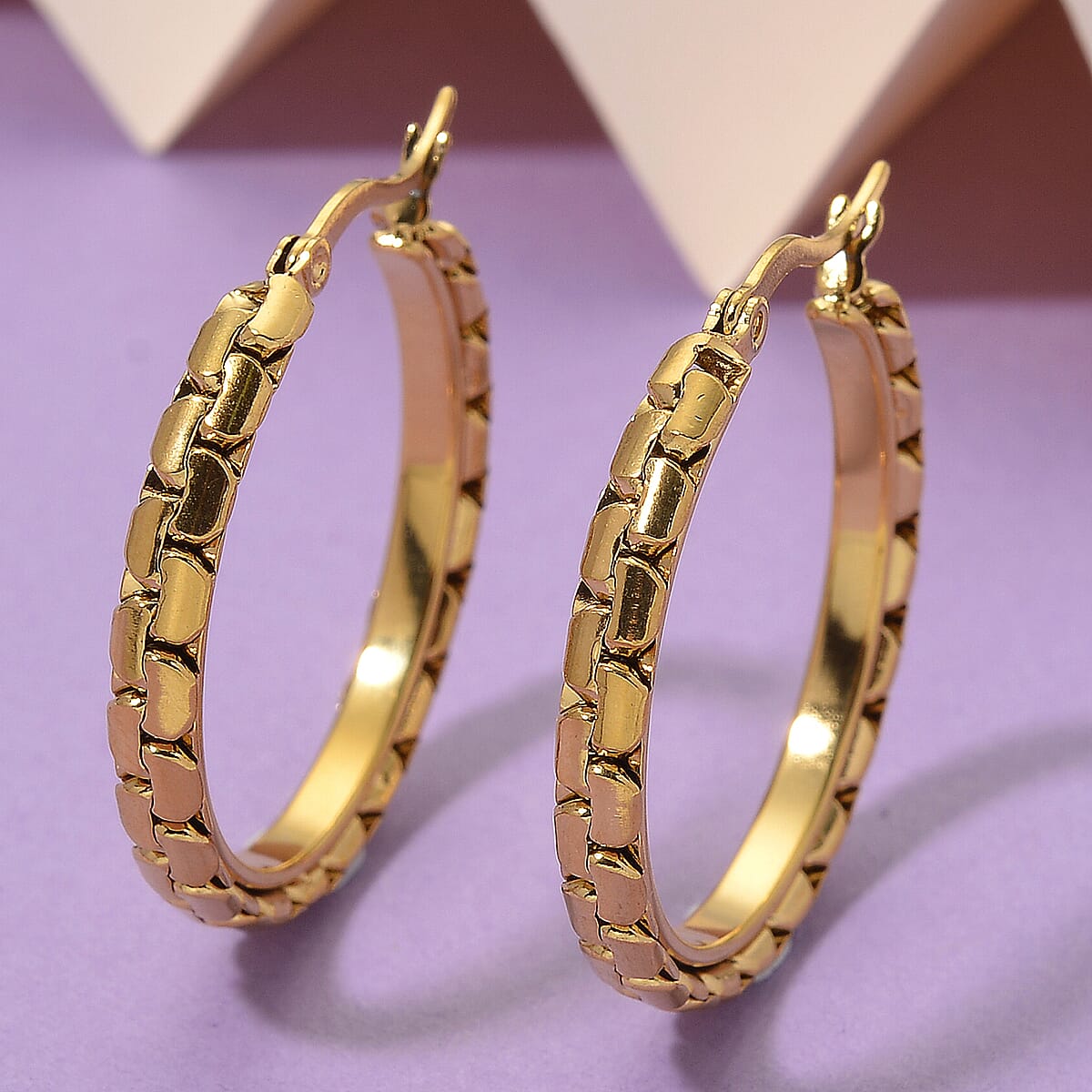 Fancy Link Hoop Earrings in ION Plated YG Stainless Steel image number 1