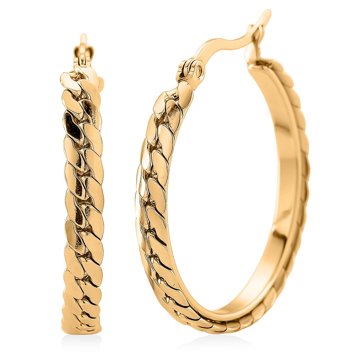 Flat Cuban Link Hoop Earrings in ION Plated YG Stainless Steel image number 0