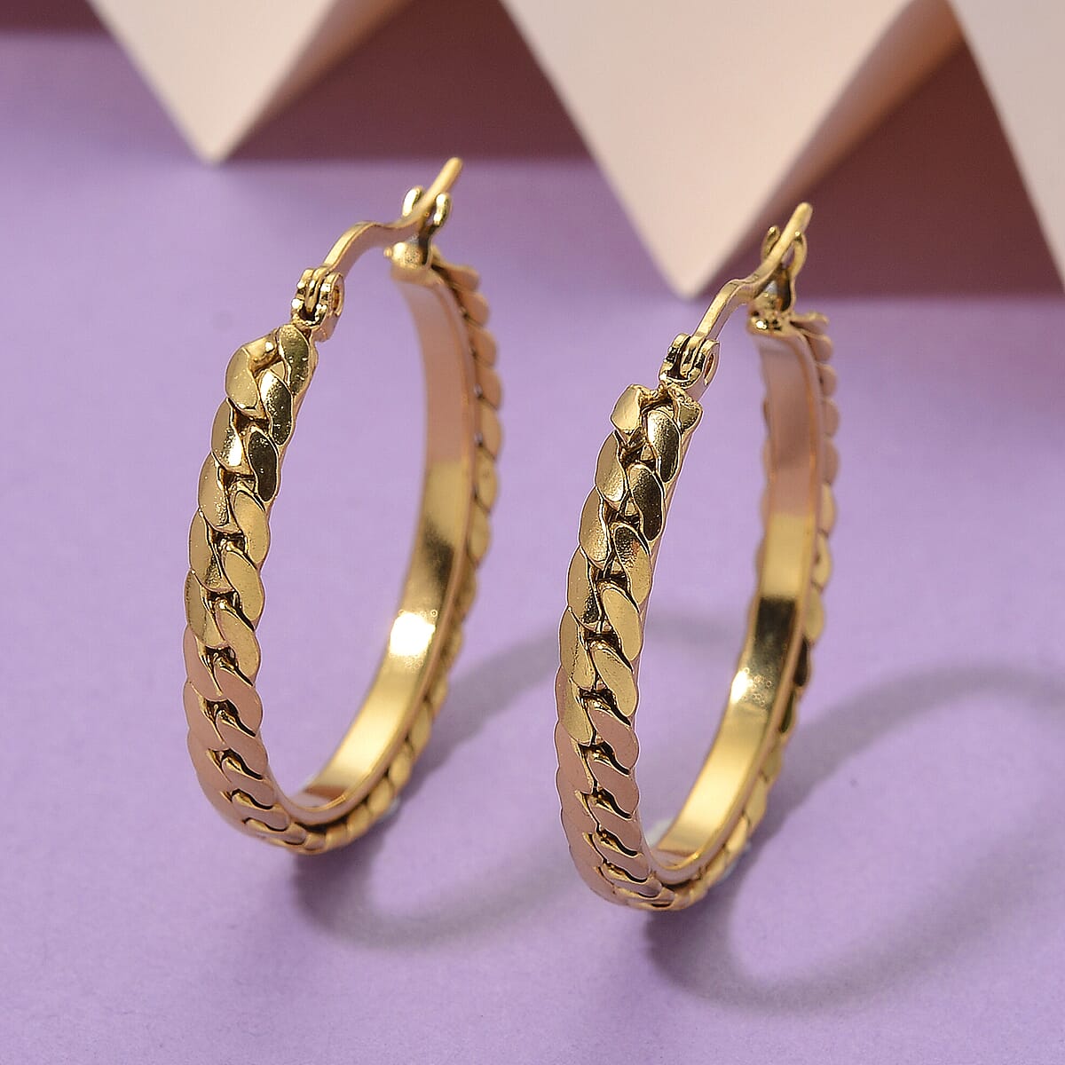 Flat Cuban Link Hoop Earrings in ION Plated YG Stainless Steel image number 1