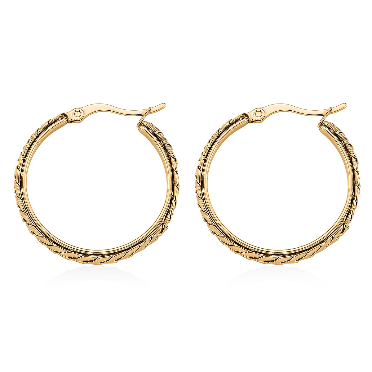 Flat Cuban Link Hoop Earrings in ION Plated YG Stainless Steel image number 3