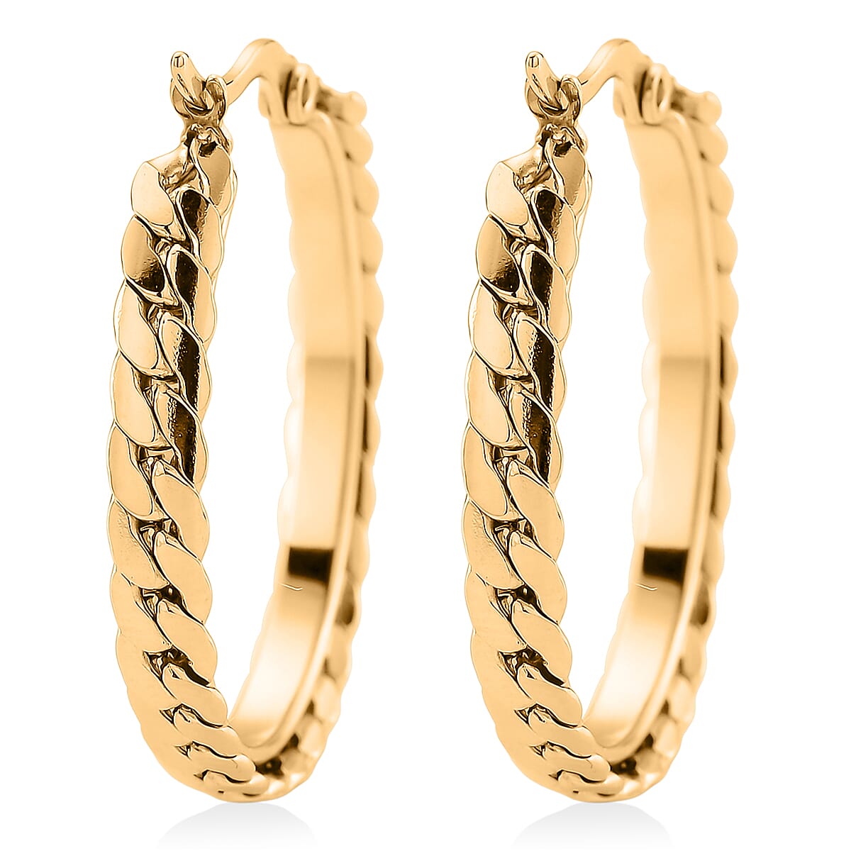 Flat Cuban Link Hoop Earrings in ION Plated YG Stainless Steel image number 4