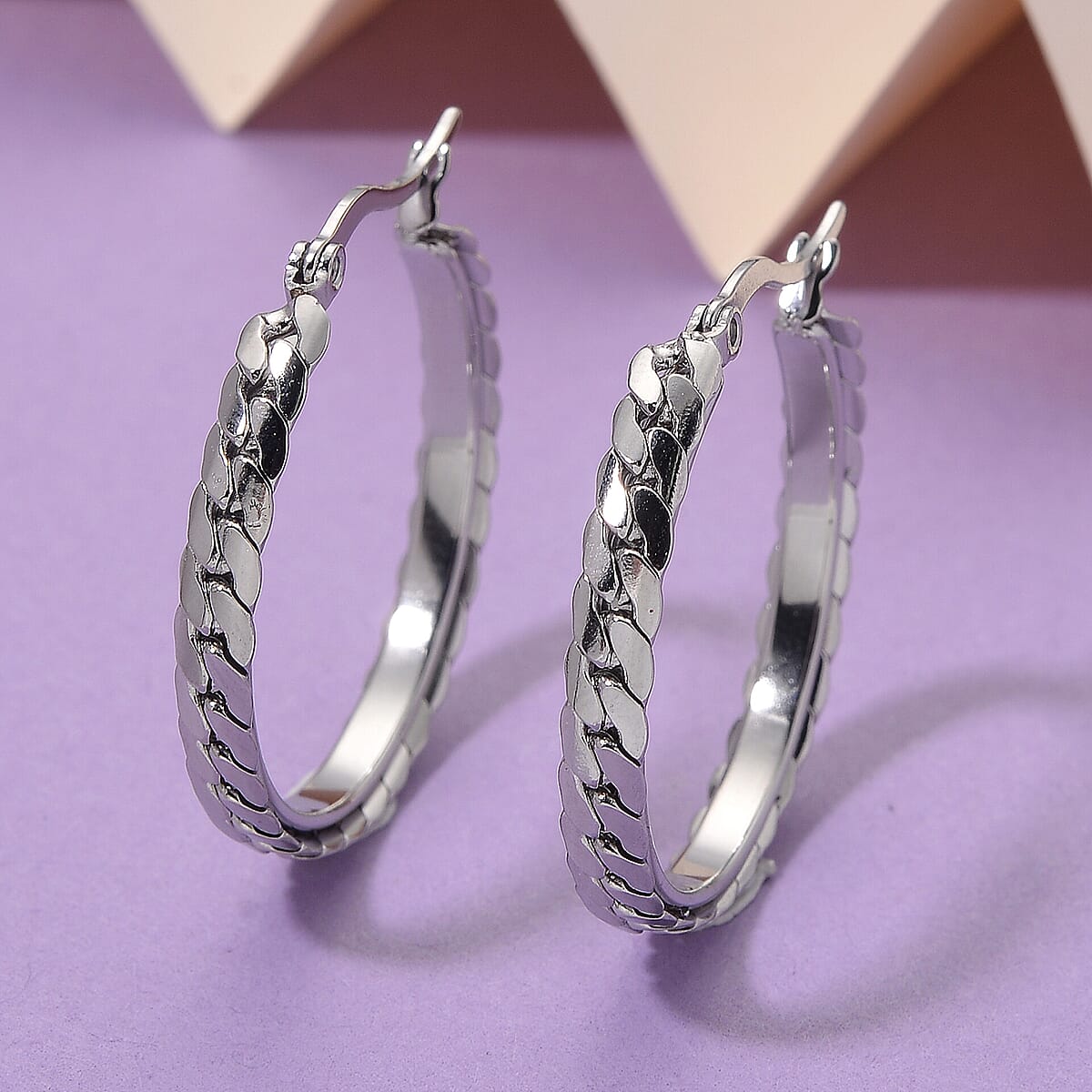 Flat Cuban Link Hoop Earrings in Stainless Steel image number 1