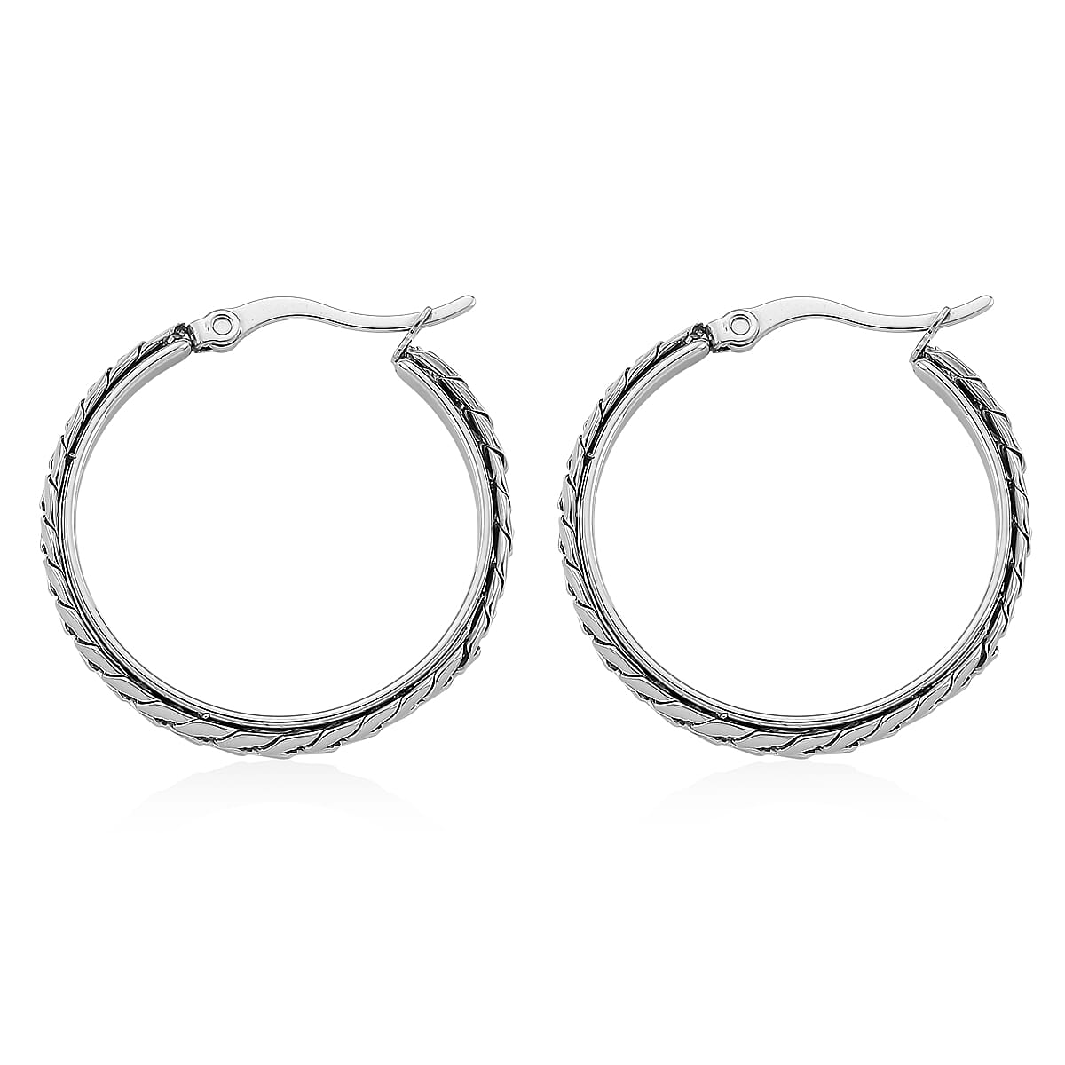 Flat Cuban Link Hoop Earrings in Stainless Steel image number 3
