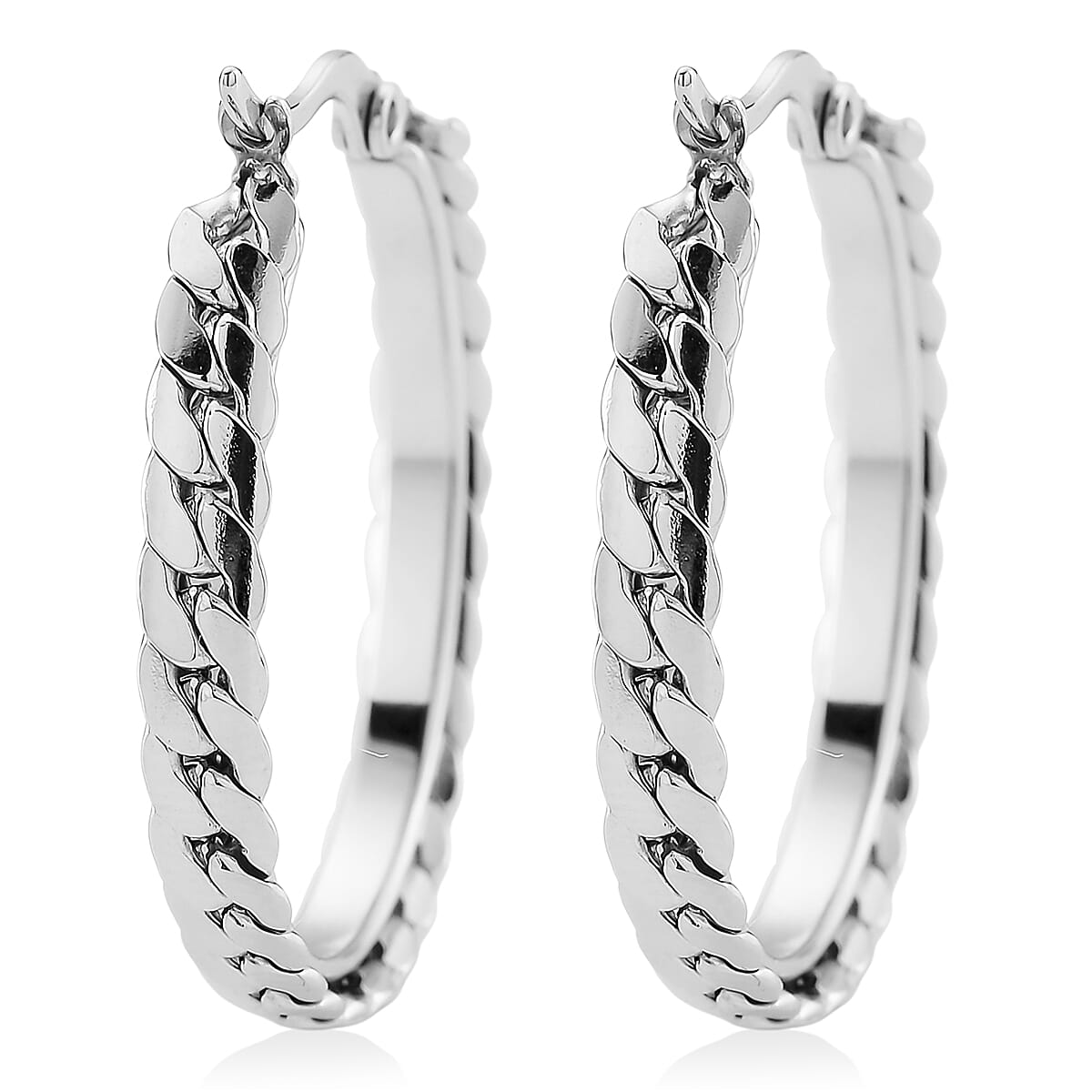 Flat Cuban Link Hoop Earrings in Stainless Steel image number 4