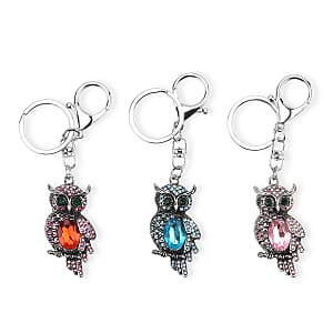 Doorbuster Livmore Multi Color Glass and Crystal Set of 3 Owl Keychain in Goldtone