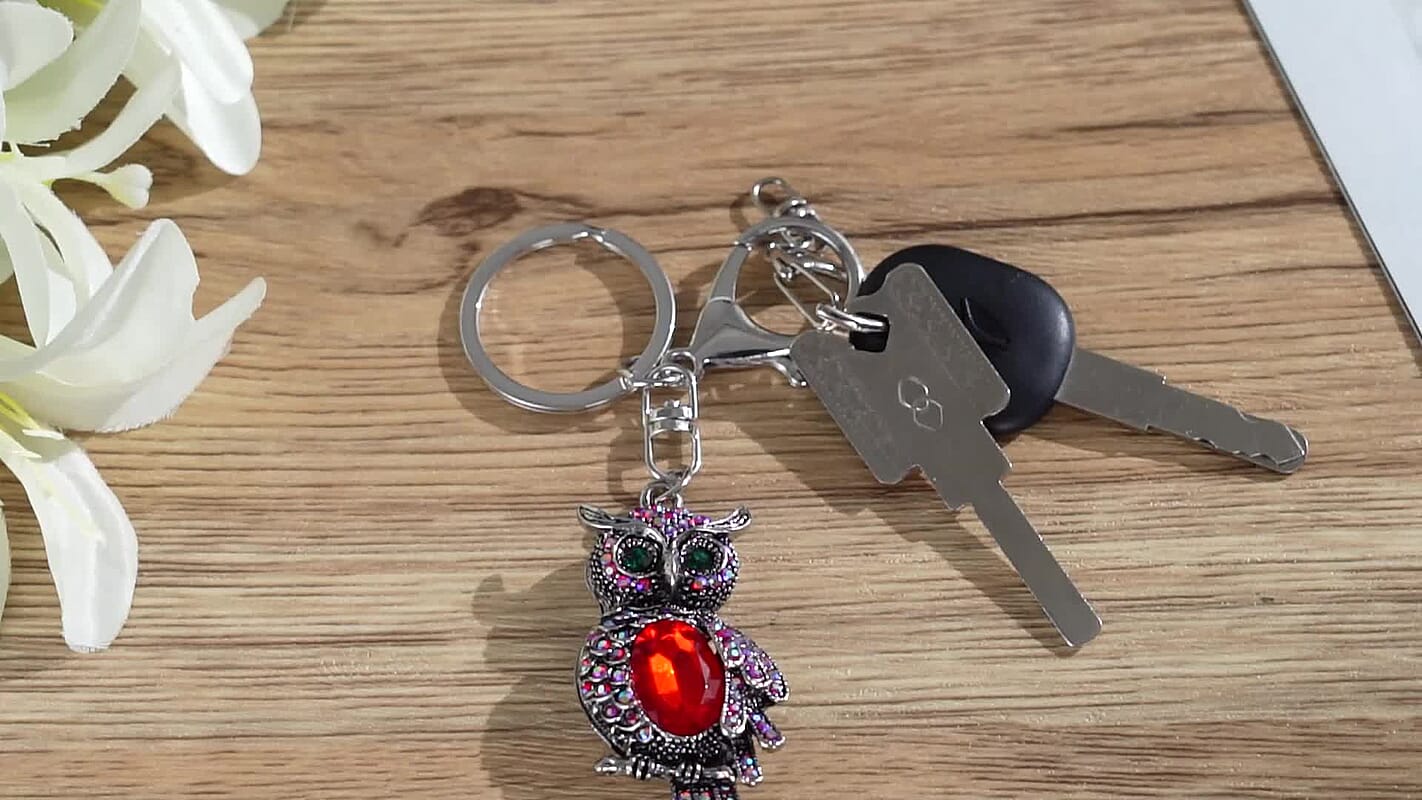 Livmore Multi Color Glass and Crystal Set of 3 Owl Keychain in Goldtone