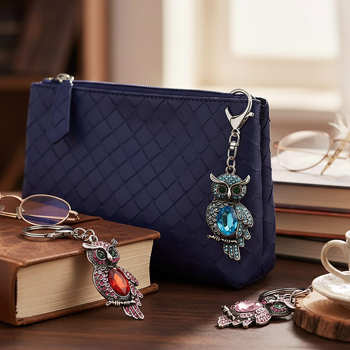 Doorbuster Livmore Multi Color Glass and Crystal Set of 3 Owl Keychain in Goldtone image number 1