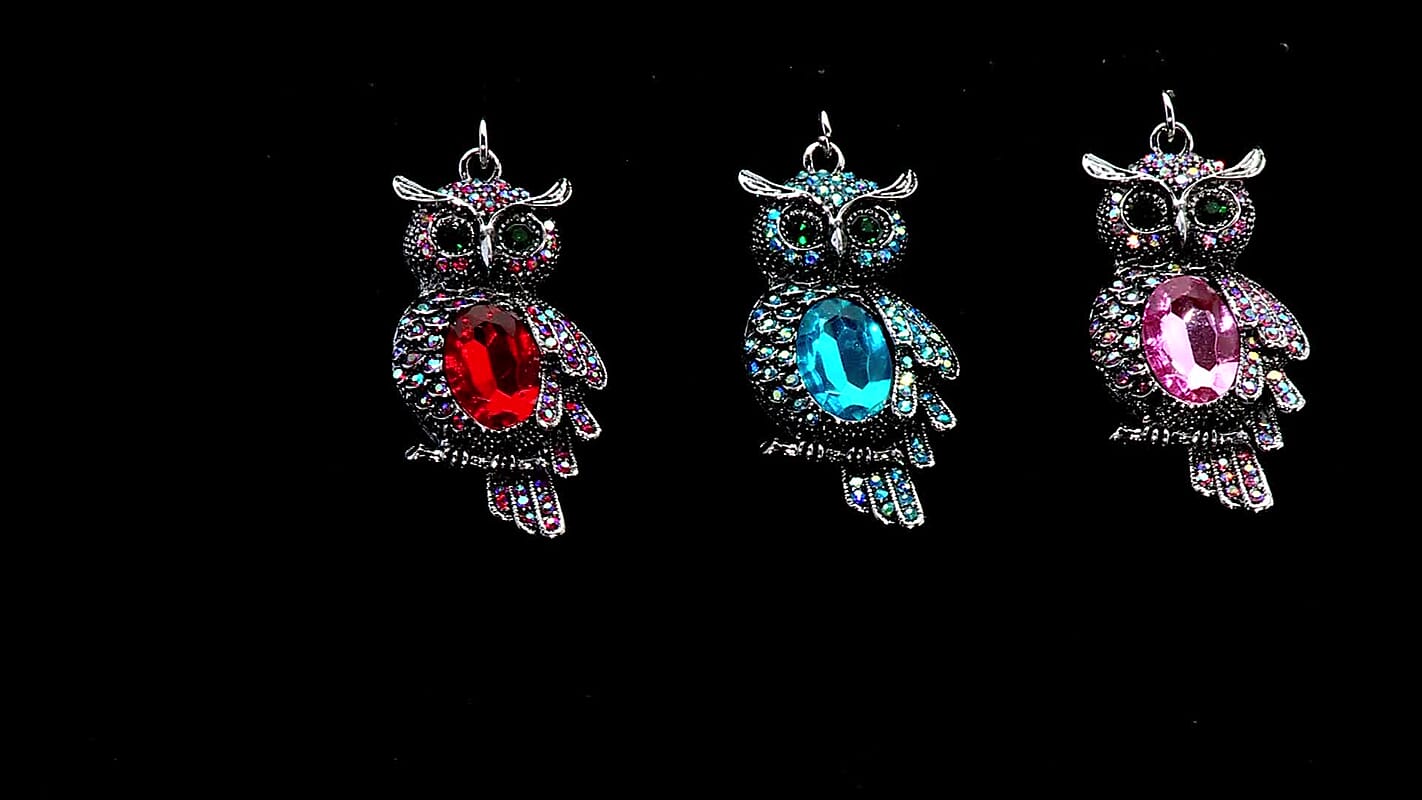 Livmore Multi Color Glass and Crystal Set of 3 Owl Keychain in Goldtone