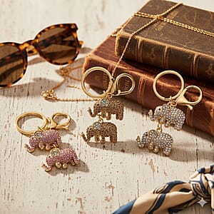  Livmore Multi Color Glass and Crystal Set of 3 Elephant Keychain in Goldtone