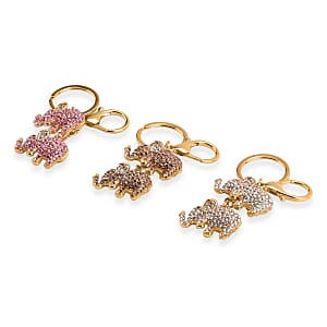  Livmore Multi Color Glass and Crystal Set of 3 Elephant Keychain in Goldtone