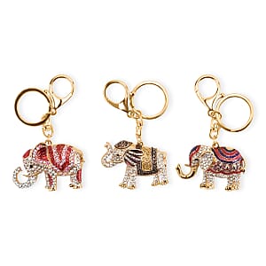 Doorbuster Livmore Multi Color Glass and Crystal Set of 3 Elephant Keychain in Goldtone