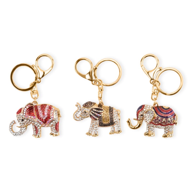Livmore Multi Color Glass and Crystal Set of 3 Elephant Keychain in Goldtone