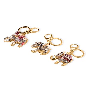 Doorbuster Livmore Multi Color Glass and Crystal Set of 3 Elephant Keychain in Goldtone