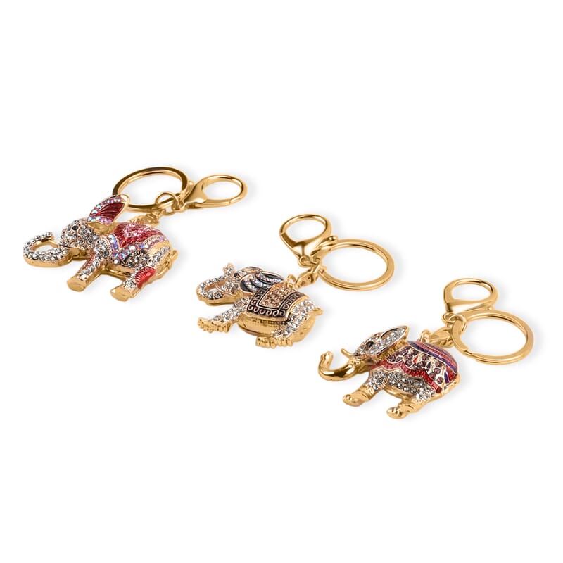 Livmore Multi Color Glass and Crystal Set of 3 Elephant Keychain in Goldtone