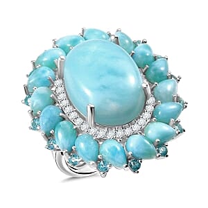 D'Joy Larimar and Apatite 22.31 ctw Cluster Ring in Rhodium Over Sterling Silver (Size 11.5) (7.59 g)