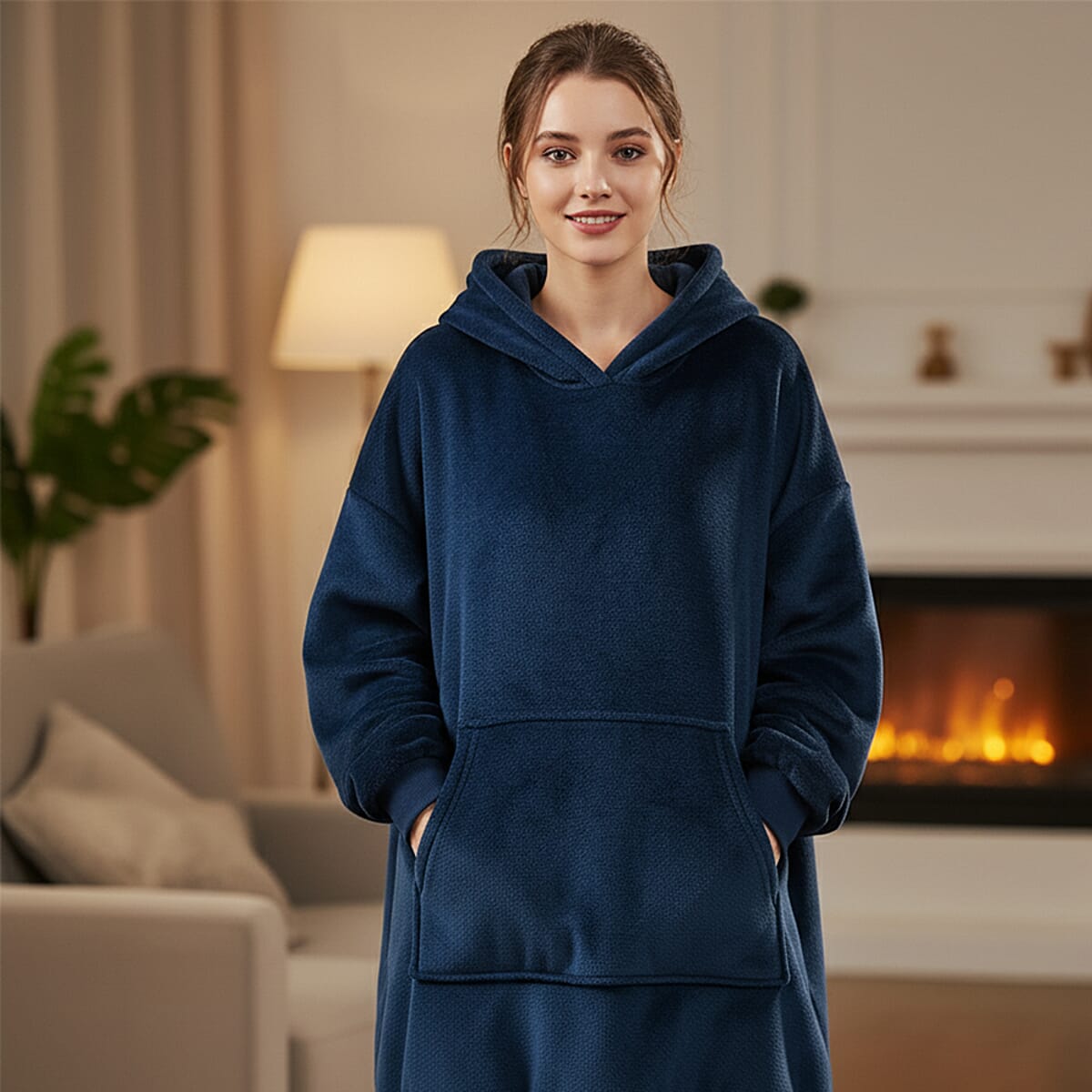 Tamsy Blue Warm and Cozy Flannel Hoodie Blanket - One Size Fits Most image number 3