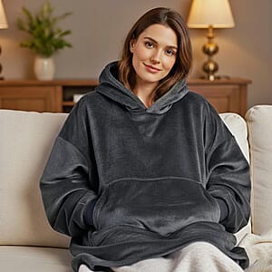 Tamsy Dark Grey Warm and Coxy Flannel Hoodie Blanket - One Size Fits Most