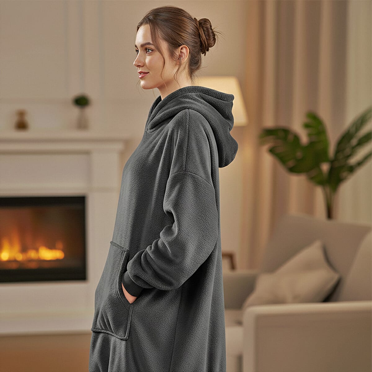 Tamsy Dark Grey Warm and Cozy Flannel Hoodie Blanket - One Size Fits Most image number 2