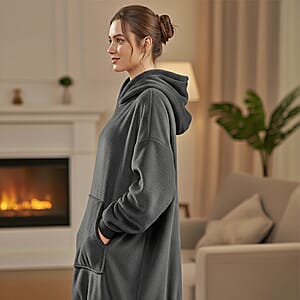 Tamsy Dark Grey Warm and Cozy Flannel Hoodie Blanket - One Size Fits Most