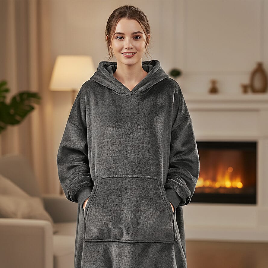 Tamsy Dark Grey Warm and Cozy Flannel Hoodie Blanket - One Size Fits Most