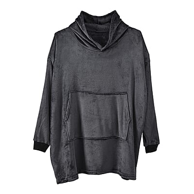 Tamsy Dark Grey Warm and Cozy Flannel Hoodie Blanket - One Size Fits Most