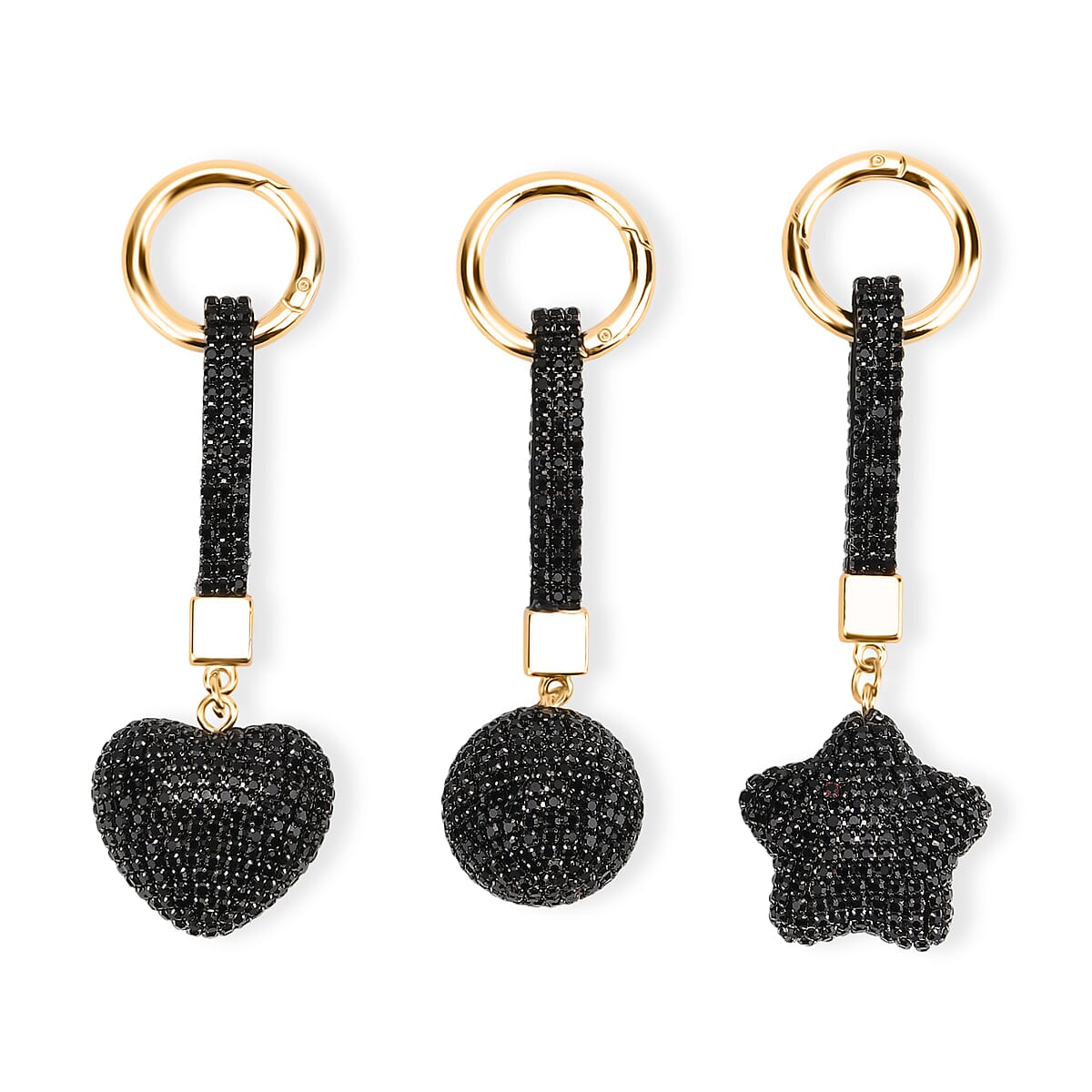 Doorbuster Livmore Black Glass and Crystal 3-piece Set Heart, Star and Ball Keychain in Goldtone image number 0