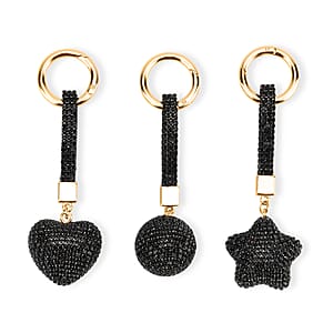 Doorbuster Livmore Black Glass and Crystal 3-piece Set Heart, Star and Ball Keychain in Goldtone