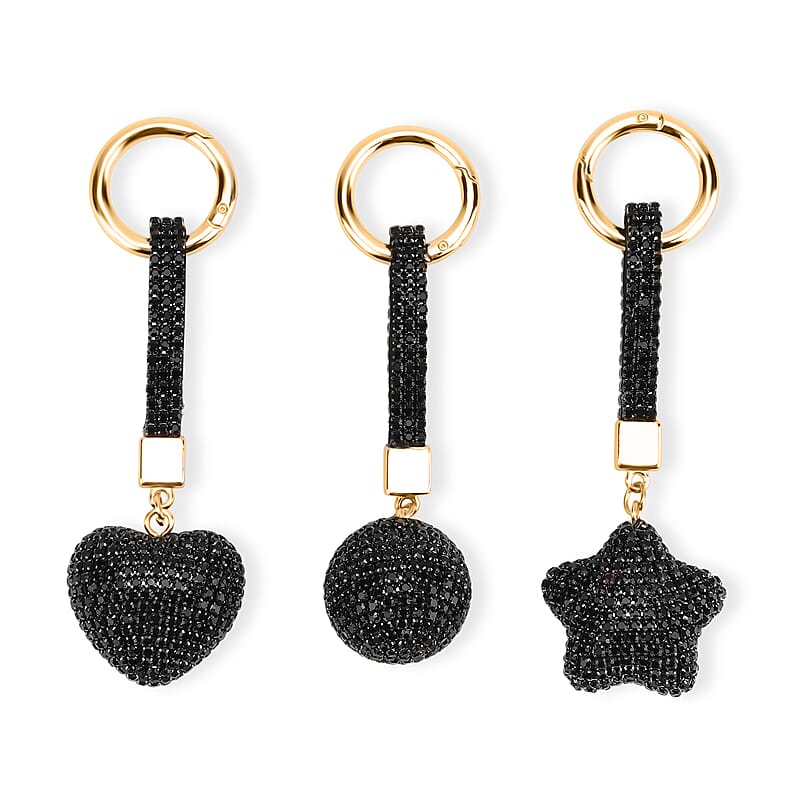 Livmore Black Glass and Crystal 3-piece Set Heart, Star and Ball Keychain in Goldtone