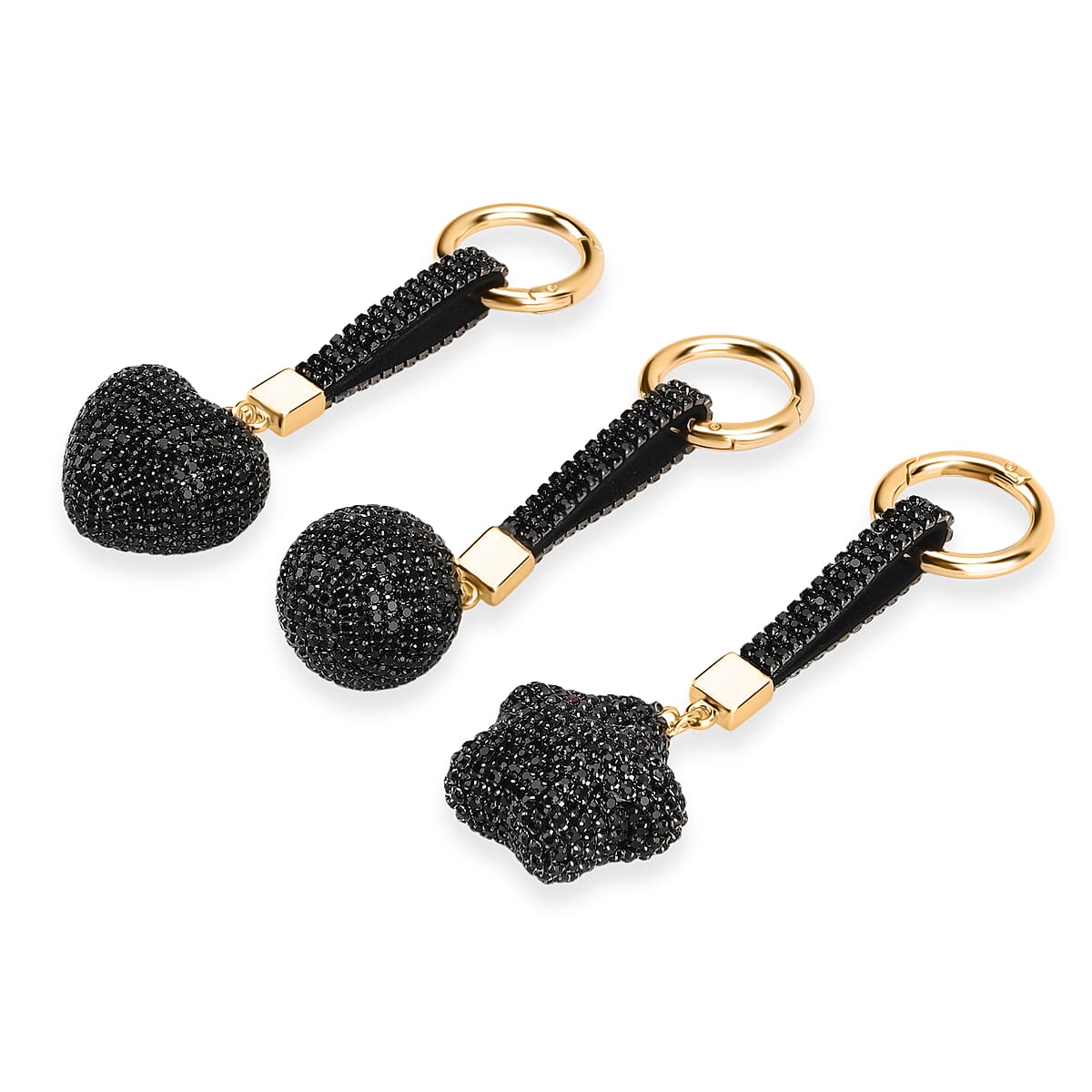 Doorbuster Livmore Black Glass and Crystal 3-piece Set Heart, Star and Ball Keychain in Goldtone image number 2