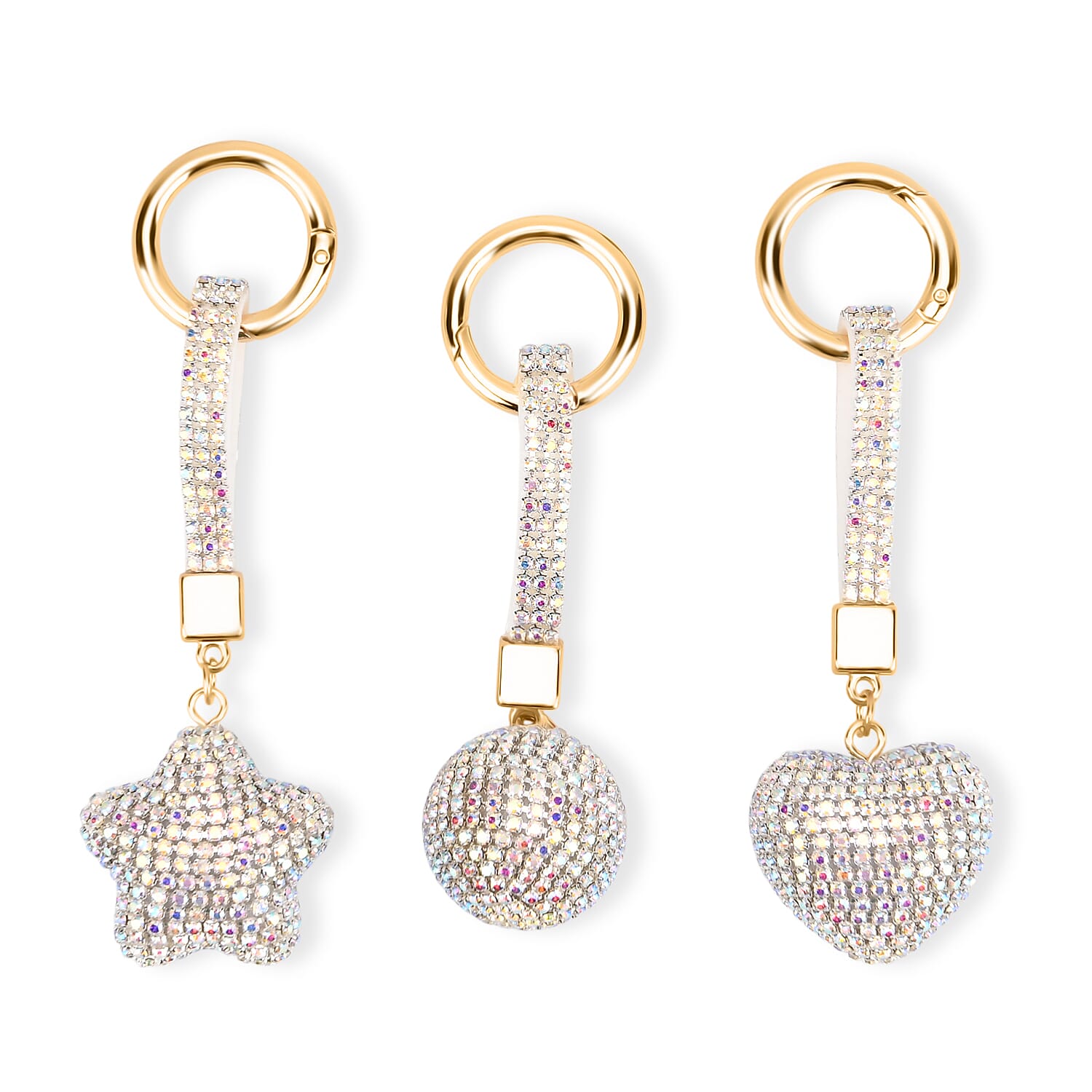 Livmore Black Glass and Crystal 3-piece Set Heart, Star and Ball Keychain in Goldtone
