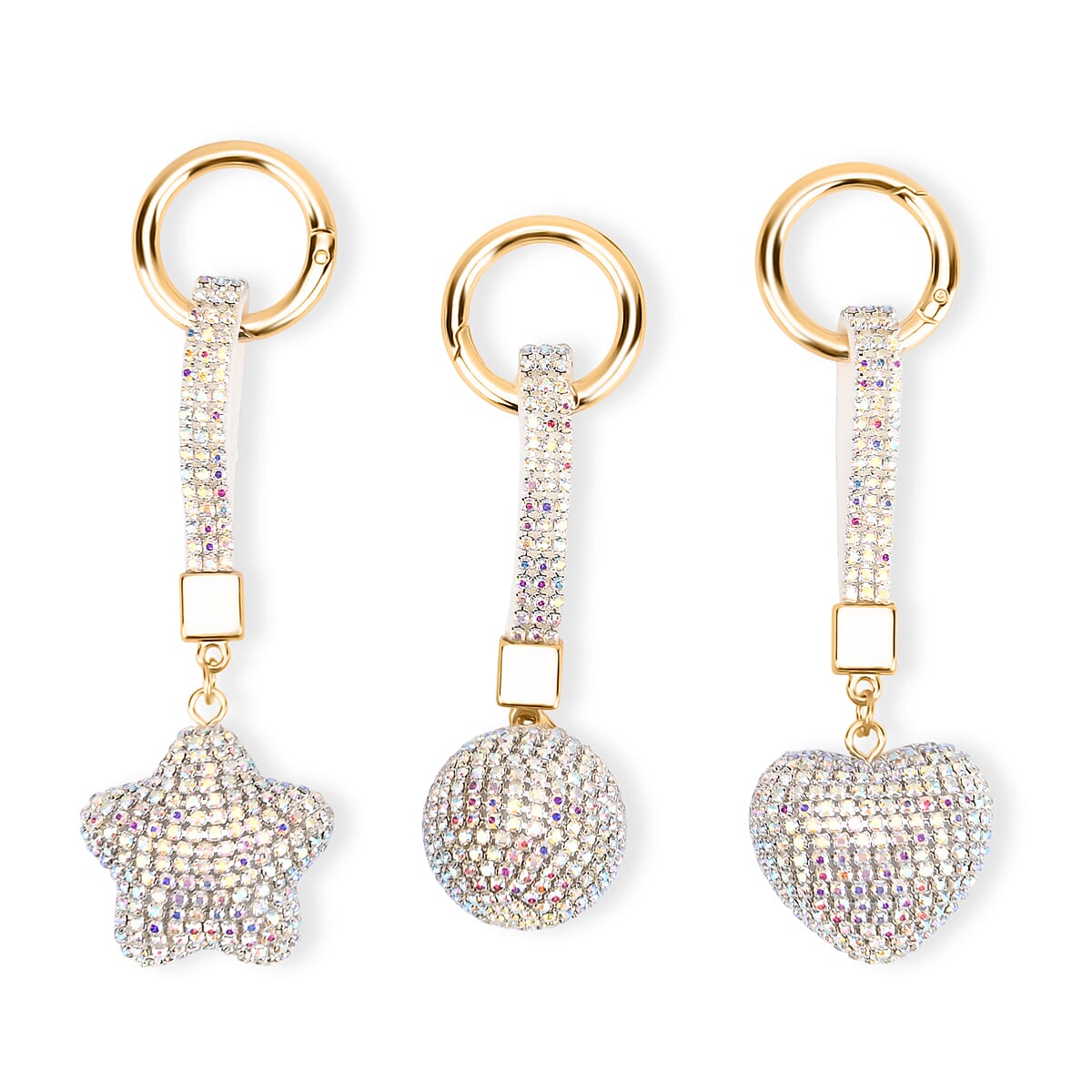  Livmore White Magic Color Glass and Crystal 3-piece Set Heart, Ball and Star Keychain in Goldtone image number 0