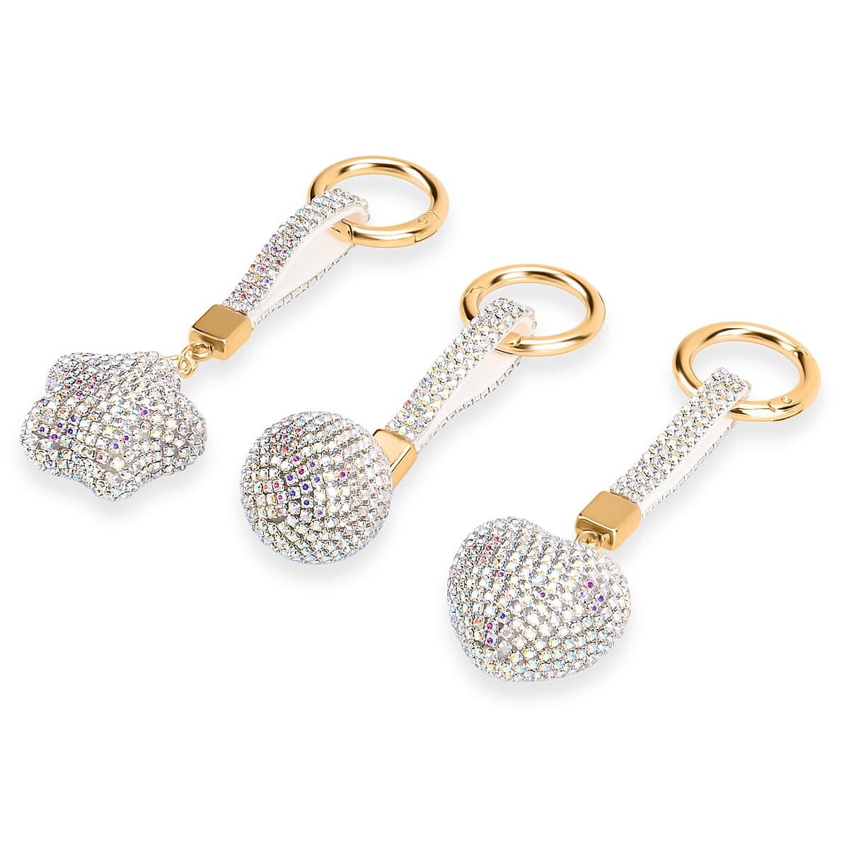  Livmore White Magic Color Glass and Crystal 3-piece Set Heart, Ball and Star Keychain in Goldtone image number 2