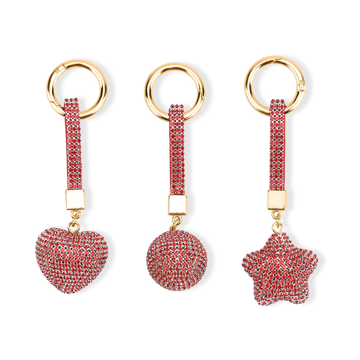 Livmore Black Glass and Crystal 3-piece Set Heart, Star and Ball Keychain in Goldtone
