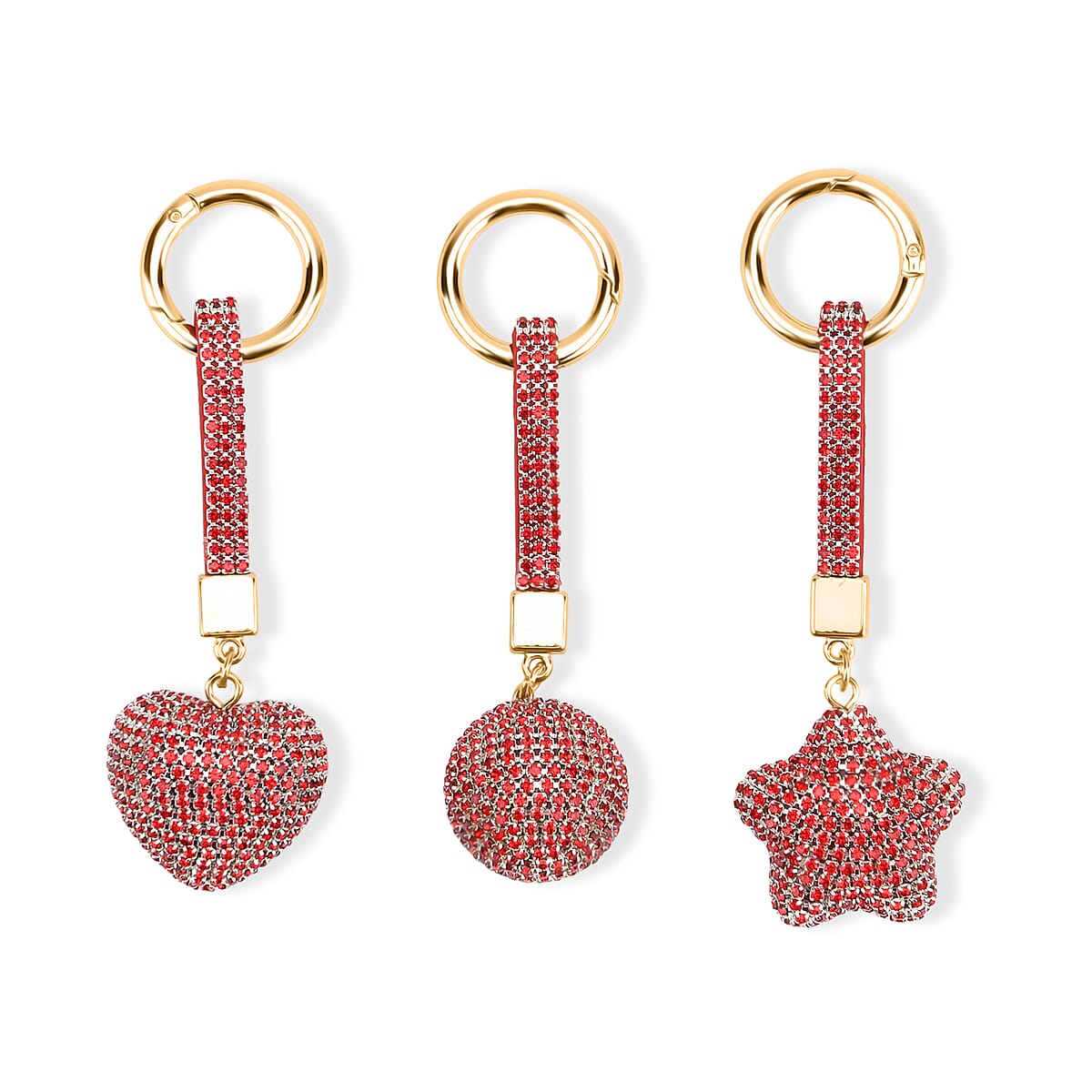  Livmore Red Glass and Crystal 3-piece Set Heart, Ball and Star Keychain in Goldtone image number 0
