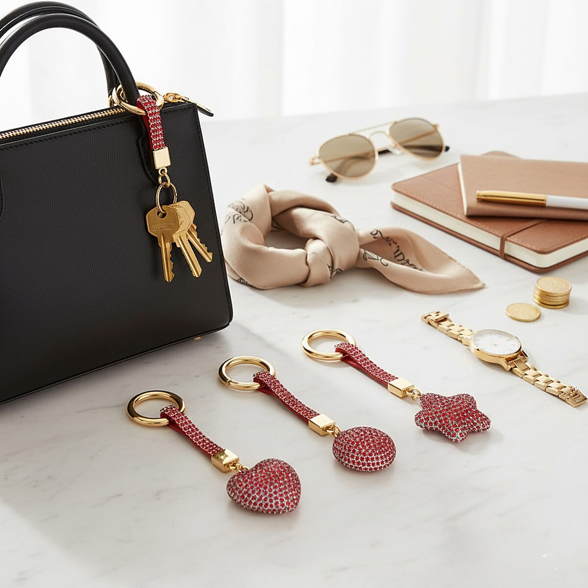  Livmore Red Glass and Crystal 3-piece Set Heart, Ball and Star Keychain in Goldtone image number 1