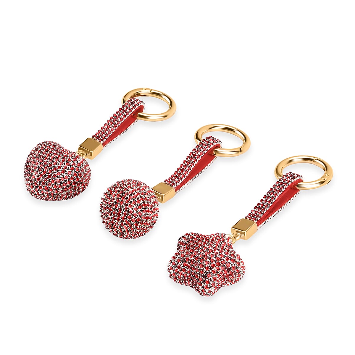  Livmore Red Glass and Crystal 3-piece Set Heart, Ball and Star Keychain in Goldtone image number 2