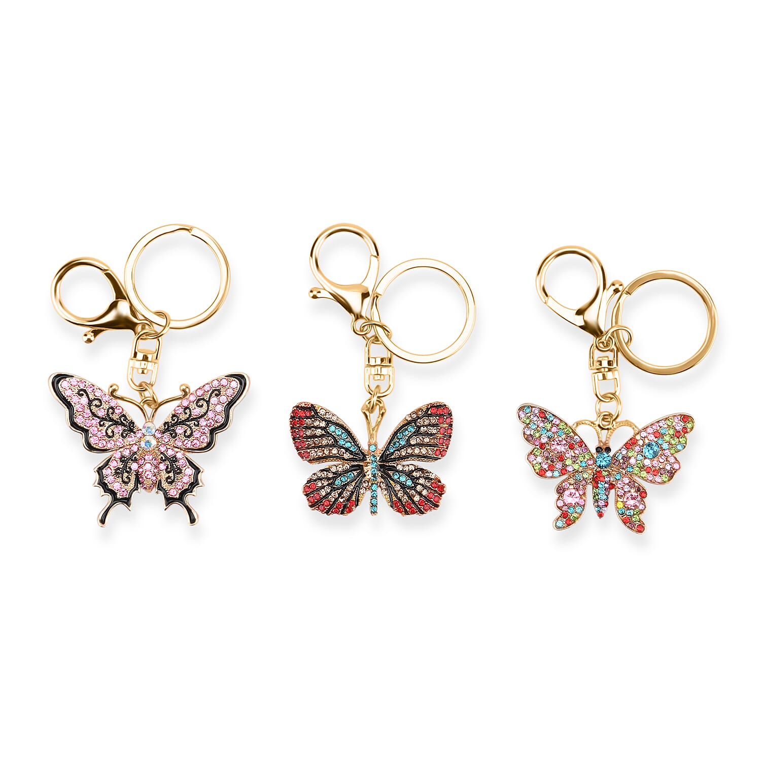 Livmore Multi Color Glass and Crystal Set of 3 Elephant Keychain in Goldtone