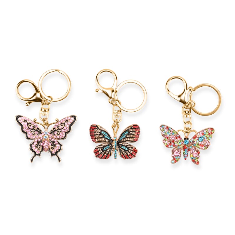 Livmore Multi Color Glass and Crystal 3-piece Set Butterfly Keychain
