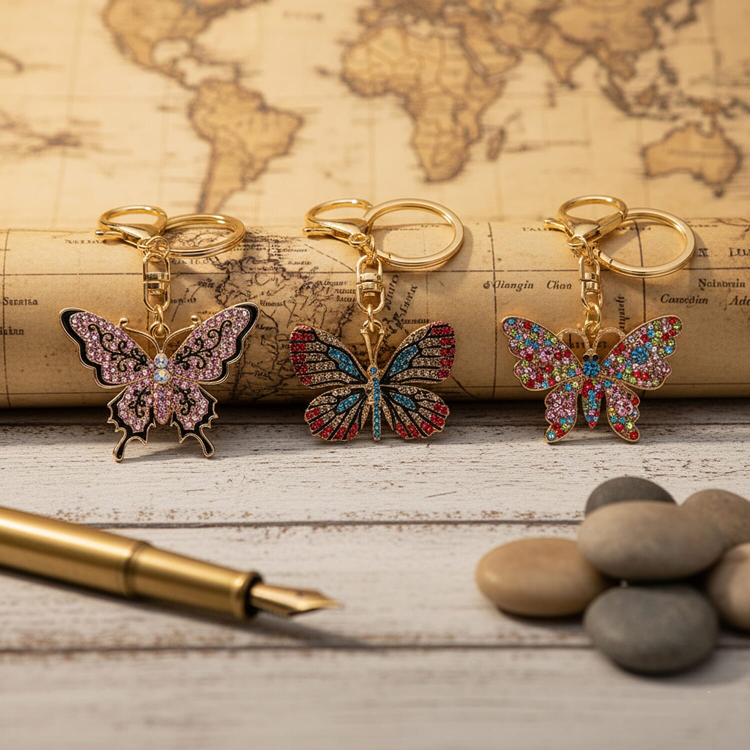 Livmore Multi Color Glass and Crystal 3-piece Set Butterfly Keychain