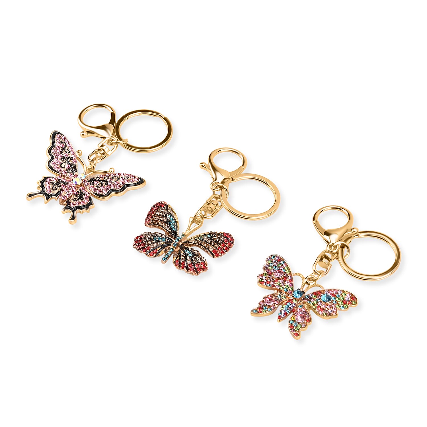 Livmore Multi Color Glass and Crystal 3-piece Set Butterfly Keychain