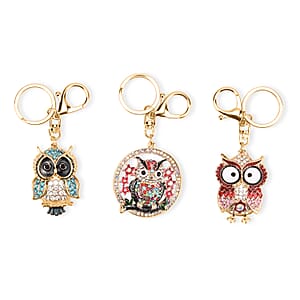 Doorbuster Livmore Multi Color Glass and Crystal 3-piece Set Owl Keychain
