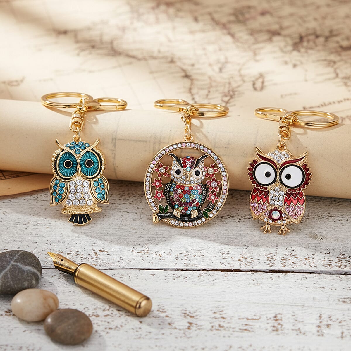 Doorbuster Livmore Multi Color Glass and Crystal 3-piece Set Owl Keychain image number 1