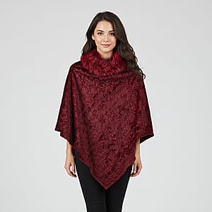 TAMSY Wine Jacquard Poncho with Fur Collar – One Size Fits Most