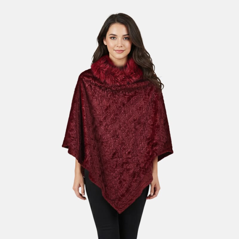 TAMSY Wine Jacquard Poncho with Fur Collar – One Size Fits Most